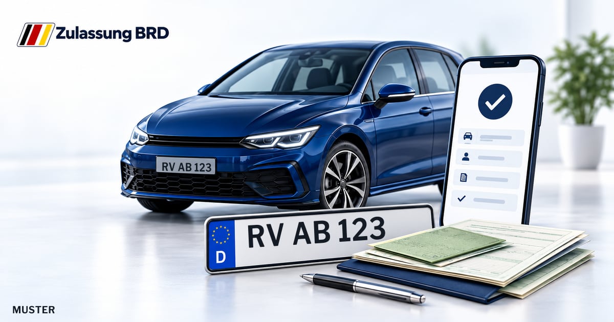 Online Fahrzeugzulassung in Ravensburg: Musterkennzeichen RV AB 123, Auto und Fahrzeugpapiere und Smartphone. Illustration mit Logo von Zulassung BRD.